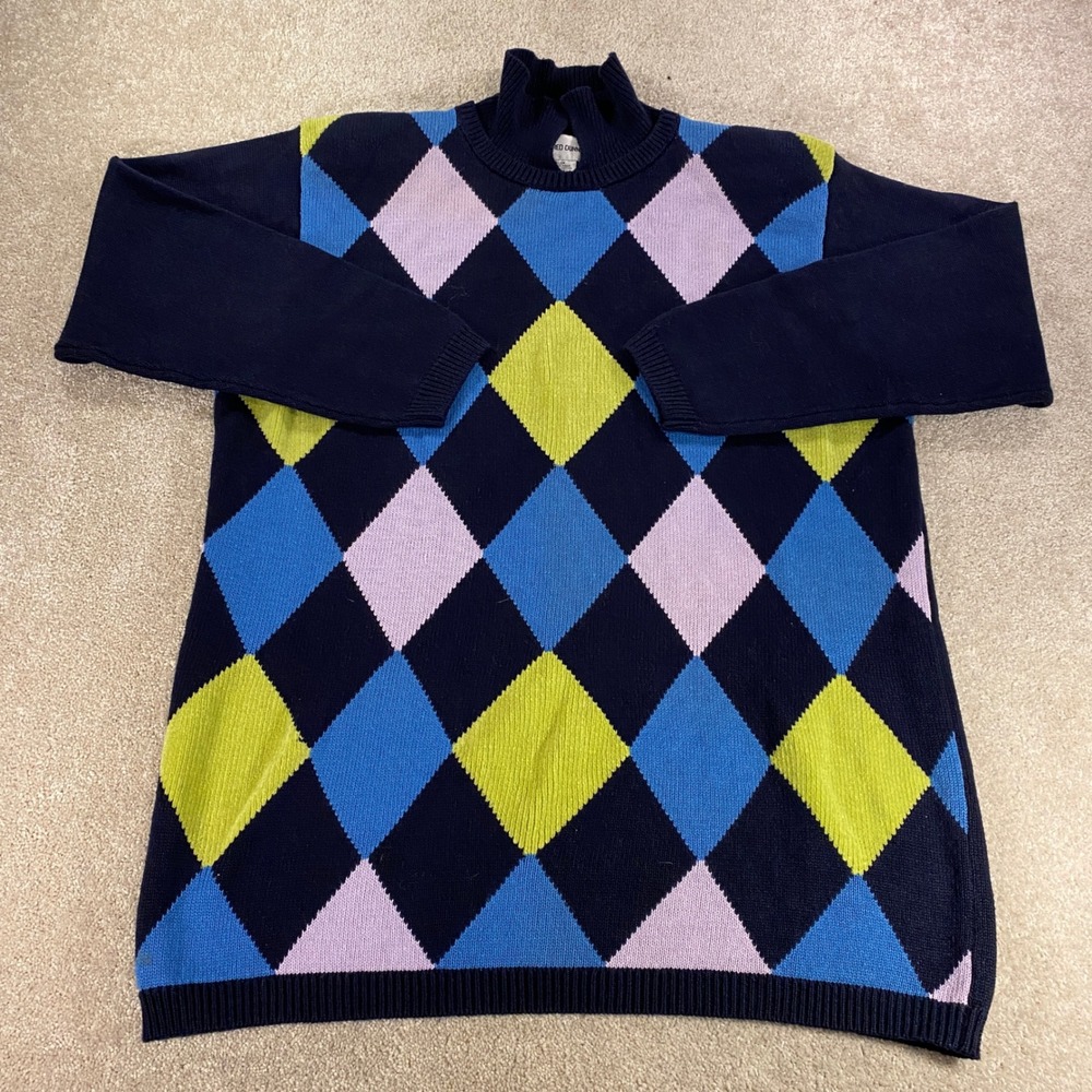 Alfred Dunner Argyle Sweater Womens 1X Navy Blue Green Mock Neck Ramie Cotton
